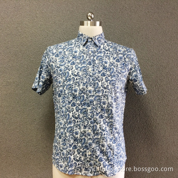 Men's cotton blue printed short sleeves shirt